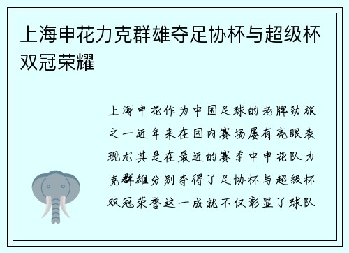 上海申花力克群雄夺足协杯与超级杯双冠荣耀 上海申花力克群雄夺足协杯与超级杯双冠荣耀
