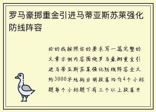 罗马豪掷重金引进马蒂亚斯苏莱强化防线阵容